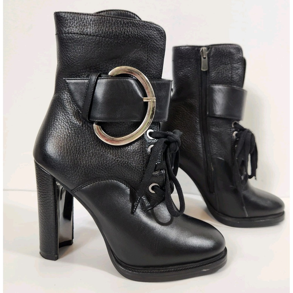 ILVI Black Leather Ankle Boots Lace Up Block Heel Platform Moto Combat EU36 US 6